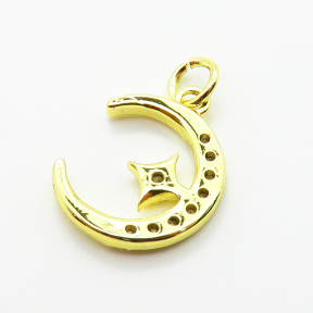 Brass Micro Pave Cubic Zirconia Pendants,Moon,Star,Plated Gold,14x13mm,Hole:2mm,about 1g/pc,5 pcs/package,XFPC05162aahj-L035