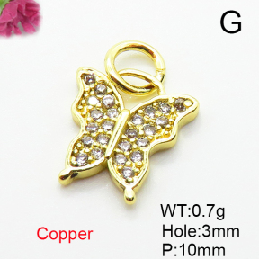 Brass Micro Pave Cubic Zirconia Pendants,Butterfly,Plated Gold,10mm,Hole:3mm,about 0.7g/pc,5 pcs/package,XFPC05168aahl-L035