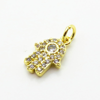 Brass Micro Pave Cubic Zirconia Pendants,Hamsa Hand/Hand of Fatima/Hand of Miriam,Plated Gold,11x9mm,Hole:2mm,about 1g/pc,5 pcs/package,XFPC05171aahm-L035