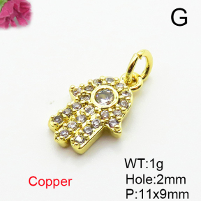 Brass Micro Pave Cubic Zirconia Pendants,Hamsa Hand/Hand of Fatima/Hand of Miriam,Plated Gold,11x9mm,Hole:2mm,about 1g/pc,5 pcs/package,XFPC05171aahm-L035