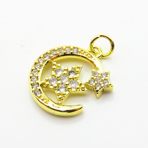 Brass Micro Pave Cubic Zirconia Pendants,Moon,Star,Plated Gold,15mm,Hole:2mm,about 1.5g/pc,5 pcs/package,XFPC05177aahl-L035