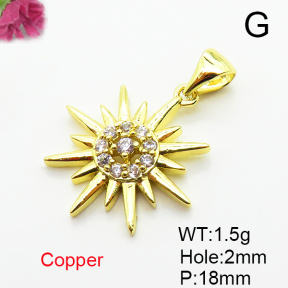 Brass Micro Pave Cubic Zirconia Pendants,Sun,Plated Gold,18mm,Hole:2mm,about 1.5g/pc,5 pcs/package,XFPC05180vahk-L035