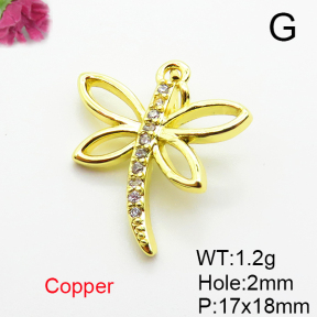 Brass Micro Pave Cubic Zirconia Pendants,Dragonfly,Plated Gold,17x18mm,Hole:2mm,about 1.2g/pc,5 pcs/package,XFPC05183vahk-L035