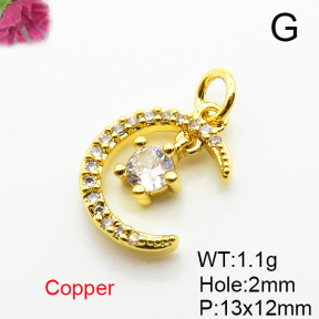 Brass Micro Pave Cubic Zirconia Pendants,Moon,Plated Gold,13x12mm,Hole:2mm,about 1.1g/pc,5 pcs/package,XFPC05189vaia-L035