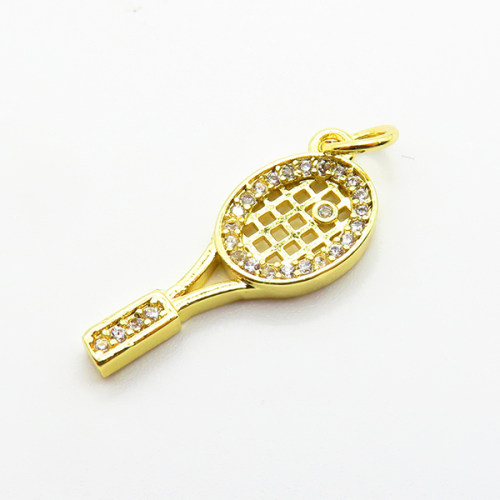 Brass Micro Pave Cubic Zirconia Pendants,Racket,Plated Gold,21x8mm,Hole:2mm,about 1g/pc,5 pcs/package,XFPC05192aahl-L035