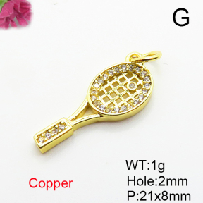 Brass Micro Pave Cubic Zirconia Pendants,Racket,Plated Gold,21x8mm,Hole:2mm,about 1g/pc,5 pcs/package,XFPC05192aahl-L035