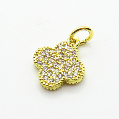 Brass Micro Pave Cubic Zirconia Pendants,Four-Leaf Clover,Plated Gold,11mm,Hole:2mm,about 0.9g/pc,5 pcs/package,XFPC05210vaia-L035