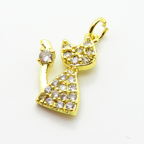 Brass Micro Pave Cubic Zirconia Pendants,Kitten,Plated Gold,16x11mm,Hole:2mm,about 1.2g/pc,5 pcs/package,XFPC05213aahm-L035