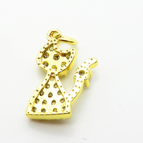 Brass Micro Pave Cubic Zirconia Pendants,Kitten,Plated Gold,16x11mm,Hole:2mm,about 1.2g/pc,5 pcs/package,XFPC05213aahm-L035