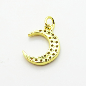 Brass Micro Pave Cubic Zirconia Pendants,Moon,Plated Gold,13x12mm,Hole:2mm,about 0.9g/pc,5 pcs/package,XFPC05216aahl-L035