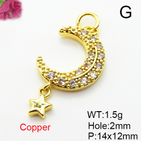 Brass Micro Pave Cubic Zirconia Pendants,Moon,Star,Plated Gold,14x12mm,Hole:2mm,about 1.5g/pc,5 pcs/package,XFPC05219aahm-L035