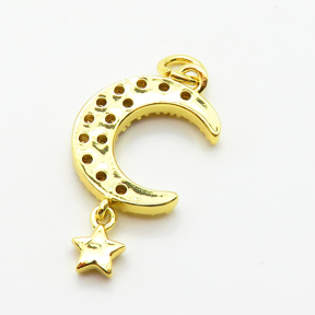 Brass Micro Pave Cubic Zirconia Pendants,Moon,Star,Plated Gold,14x12mm,Hole:2mm,about 1.5g/pc,5 pcs/package,XFPC05219aahm-L035