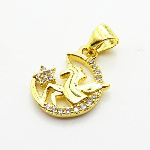 Brass Micro Pave Cubic Zirconia Pendants,Moon,Star,Horse,Plated Gold,13x12mm,Hole:2mm,about 1.1g/pc,5 pcs/package,XFPC05222aahl-L035