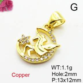 Brass Micro Pave Cubic Zirconia Pendants,Moon,Star,Horse,Plated Gold,13x12mm,Hole:2mm,about 1.1g/pc,5 pcs/package,XFPC05222aahl-L035