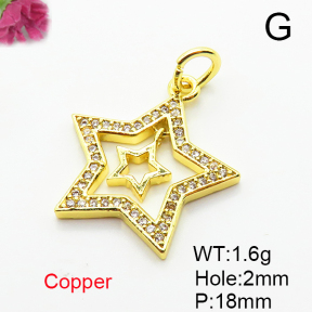 Brass Micro Pave Cubic Zirconia Pendants,Star,Plated Gold,18mm,Hole:2mm,about 1.6g/pc,5 pcs/package,XFPC05225aaio-L035