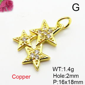 Brass Micro Pave Cubic Zirconia Pendants,Star,Plated Gold,16x18mm,Hole:2mm,about 1.4g/pc,5 pcs/package,XFPC05234aahi-L035