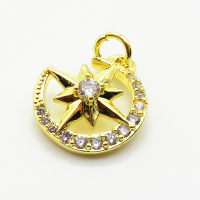 Brass Micro Pave Cubic Zirconia Pendants,Moon,Star,Plated Gold,14x13mm,Hole:2mm,about 1.2g/pc,5 pcs/package,XFPC05240aahj-L035
