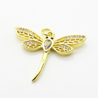 Brass Micro Pave Cubic Zirconia Pendants,Dragonfly,Plated Gold,22x30mm,Hole:2mm,about 2.2g/pc,5 pcs/package,XFPC05246vaii-L035