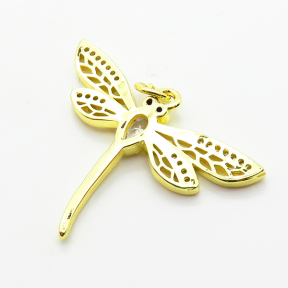 Brass Micro Pave Cubic Zirconia Pendants,Dragonfly,Plated Gold,22x30mm,Hole:2mm,about 2.2g/pc,5 pcs/package,XFPC05246vaii-L035