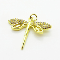 Brass Micro Pave Cubic Zirconia Pendants,Dragonfly,Plated Gold,20x28mm,Hole:2mm,about 2.4g/pc,5 pcs/package,XFPC05249aaij-L035