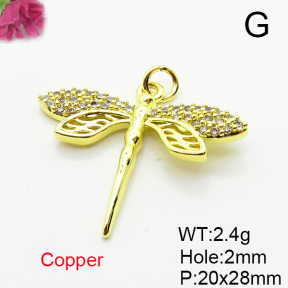 Brass Micro Pave Cubic Zirconia Pendants,Dragonfly,Plated Gold,20x28mm,Hole:2mm,about 2.4g/pc,5 pcs/package,XFPC05249aaij-L035