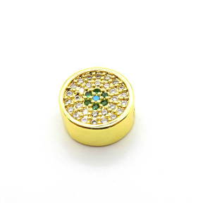 Brass Micro Pave Cubic Zirconia Turquoise Slide Charms,Flat Round,Plated Gold,Mixed Color,11mm,Hole:2mm,about 1.5g/pc,5 pcs/package,XFF01044vail-L017