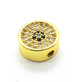 Brass Micro Pave Cubic Zirconia Turquoise Slide Charms,Flat Round,Plated Gold,Mixed Color,11mm,Hole:2mm,about 1.5g/pc,5 pcs/package,XFF01044vail-L017