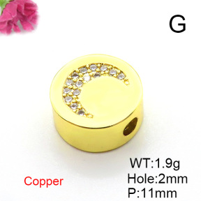 Brass Micro Pave Cubic Zirconia Slide Charms,Flat Round,Moon,Plated Gold,11mm,Hole:2mm,about 1.9g/pc,5 pcs/package,XFF01060vail-L017
