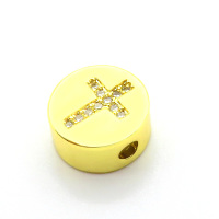 Brass Micro Pave Cubic Zirconia Slide Charms,Flat Round,Cross,for Easter,Plated Gold,11mm,Hole:2mm,about 1.9g/pc,5 pcs/package,XFF01063vail-L017