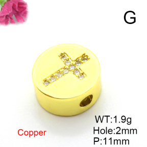 Brass Micro Pave Cubic Zirconia Slide Charms,Flat Round,Cross,for Easter,Plated Gold,11mm,Hole:2mm,about 1.9g/pc,5 pcs/package,XFF01063vail-L017