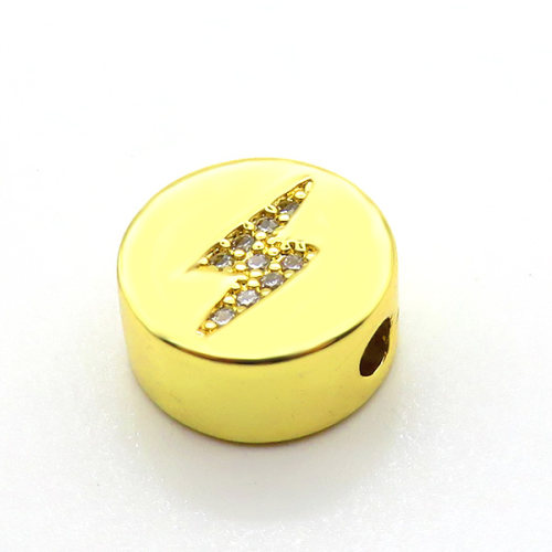 Brass Micro Pave Cubic Zirconia Slide Charms,Flat Round,Lightning,Plated Gold,11mm,Hole:2mm,about 1.9g/pc,5 pcs/package,XFF01075vail-L017
