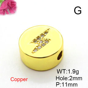 Brass Micro Pave Cubic Zirconia Slide Charms,Flat Round,Lightning,Plated Gold,11mm,Hole:2mm,about 1.9g/pc,5 pcs/package,XFF01075vail-L017