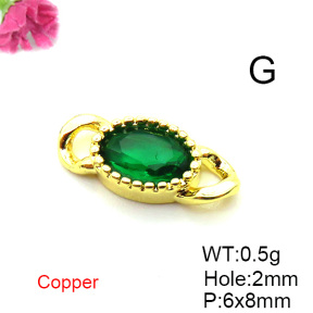Brass Cubic Zirconia Links Connectors,Oval,Plated Gold,Dark Green,6x8mm,Hole:2mm,about 0.5g/pc,5 pcs/package,XFL02347vaia-L017