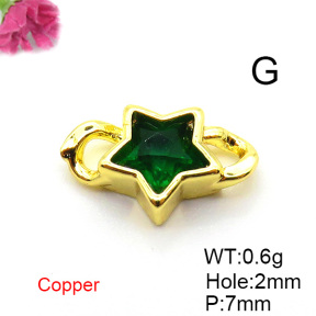 Brass Cubic Zirconia Links Connectors,Star,Plated Gold,Dark Green,7mm,Hole:2mm,about 0.6g/pc,5 pcs/package,XFL02350vaia-L017