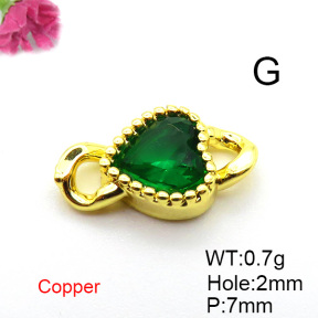 Brass Cubic Zirconia Links Connectors,Heart,Plated Gold,Dark Green,7mm,Hole:2mm,about 0.7g/pc,5 pcs/package,XFL02353vaia-L017