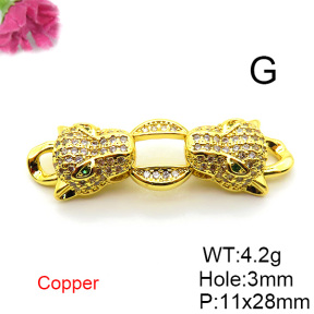 Brass Micro Pave Cubic Zirconia Links Connectors,Leopard Head,Plated Gold,11x28mm,Hole:2mm,about 4.2g/pc,5 pcs/package,XFL02356vbmb-L017