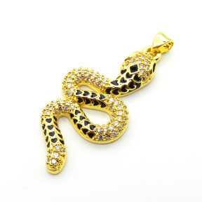 Brass Enamel Micro Pave Cubic Zirconia Pendants,Snake,Plated Gold,Mixed Color,36x18mm,Hole:2.5mm,about 4.5g/pc,5 pcs/package,XFPC05255vbmb-L017