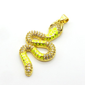 Brass Enamel Micro Pave Cubic Zirconia Pendants,Snake,Plated Gold,Mixed Color,36x18mm,Hole:2.5mm,about 4.5g/pc,5 pcs/package,XFPC05255vbmb-L017