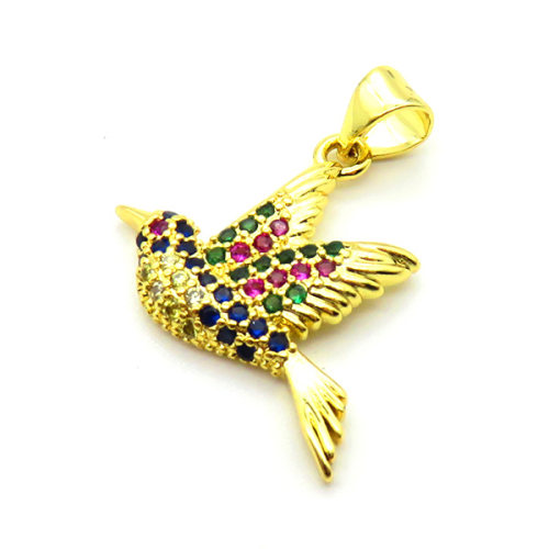 Brass Micro Pave Cubic Zirconia Pendants,Bird,Plated Gold,21x15mm,Hole:2mm,about 1.5g/pc,5 pcs/package,XFPC05283aajl-L017