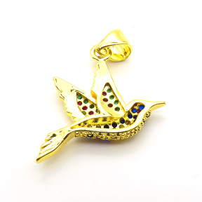 Brass Micro Pave Cubic Zirconia Pendants,Bird,Plated Gold,21x15mm,Hole:2mm,about 1.5g/pc,5 pcs/package,XFPC05283aajl-L017