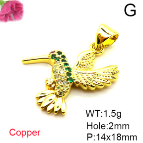 Brass Micro Pave Cubic Zirconia Pendants,Bird,Plated Gold,14x18mm,Hole:2mm,about 1.5g/pc,5 pcs/package,XFPC05286aajl-L017