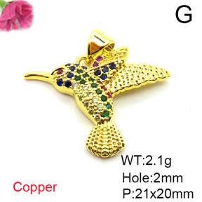 Brass Micro Pave Cubic Zirconia Pendants,Bird,Plated Gold,21x20mm,Hole:2mm,about 2.1g/pc,5 pcs/package,XFPC05289aajl-L017