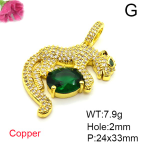 Brass Micro Pave Cubic Zirconia Pendants,Cheetah,Plated Gold,24x33mm,Hole:2mm,about 7.9g/pc,5 pcs/package,XFPC05299bhva-L017