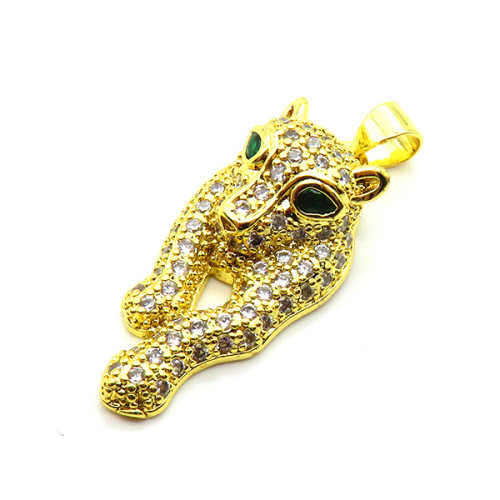 Brass Micro Pave Cubic Zirconia Pendants,Cheetah,Plated Gold,25x13mm,Hole:2mm,about 4.1g/pc,5 pcs/package,XFPC05302ablb-L017