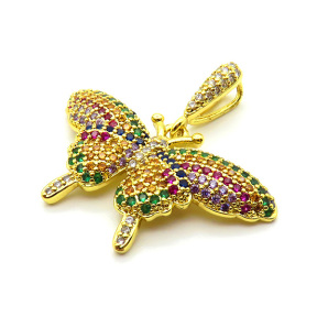 Brass Micro Pave Cubic Zirconia Pendants,Butterfly,Plated Gold,Mixed Color,19x33mm,Hole:2mm,about 3.5g/pc,5 pcs/package,XFPC05308bhva-L017