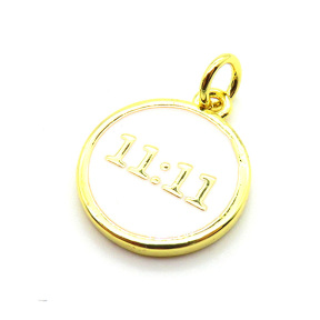 Brass Enamel Pendants,Round,with 11:11,Plated Gold,Mixed Color,14mm,Hole:2mm,about 1.9g/pc,5 pcs/package,XFPC05313vail-L017