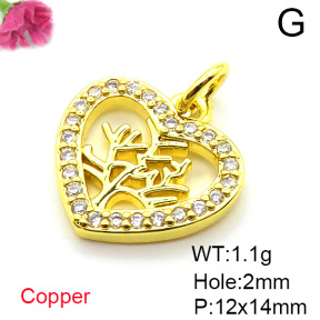 Brass Micro Pave Cubic Zirconia Pendants,Heart,Tree,Plated Gold,12x14mm,Hole:2mm,about 1.1g/pc,5 pcs/package,XFPC05318vail-L017