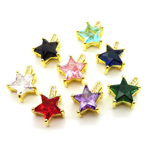 Brass Micro Pave Cubic Zirconia Pendants,Star,Plated Gold,Mixed Color,12mm,Hole:1.5mm,about 1.5g/pc,5 pcs/package,XFPC05428avja-L017