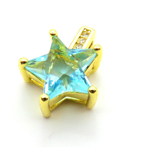 Brass Micro Pave Cubic Zirconia Pendants,Star,Plated Gold,Mixed Color,12mm,Hole:1.5mm,about 1.5g/pc,5 pcs/package,XFPC05428avja-L017