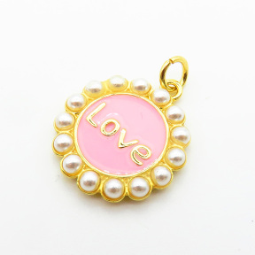 Brass Plastic Imitation Pearls Enamel Pendants,Round,with Word Love,Plated Gold,Mixed Color,Hole:2mm,18mm,about 2.5g/pc,5 pcs/package,XFPC05483baka-L024
